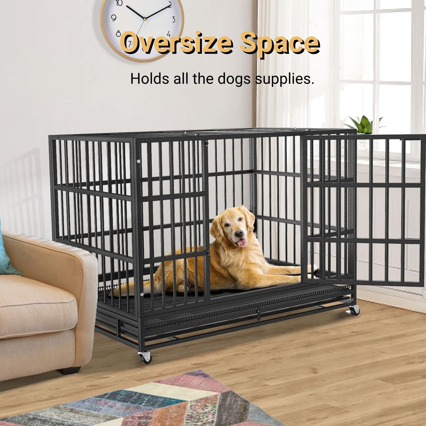 48 Inch Heavy Duty Dog Crate with Wheels, Escape Proof Double Door Dog Kennel, High Anxiety Extra Large Dog Cage Indoor Use, with Removable Tray
