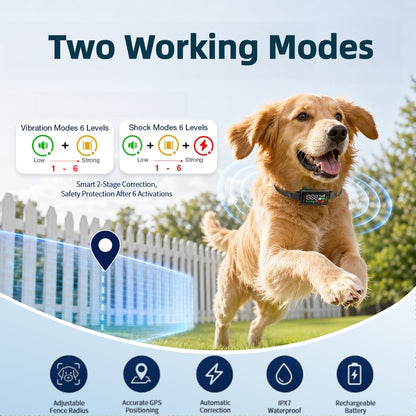GPS Wireless Dog Fence System, Electric Fence for Dogs with Adjustable Warning Strength, Safe Zone Radius 33-1999 Yard, IPX7 Waterproof Invisible Fences