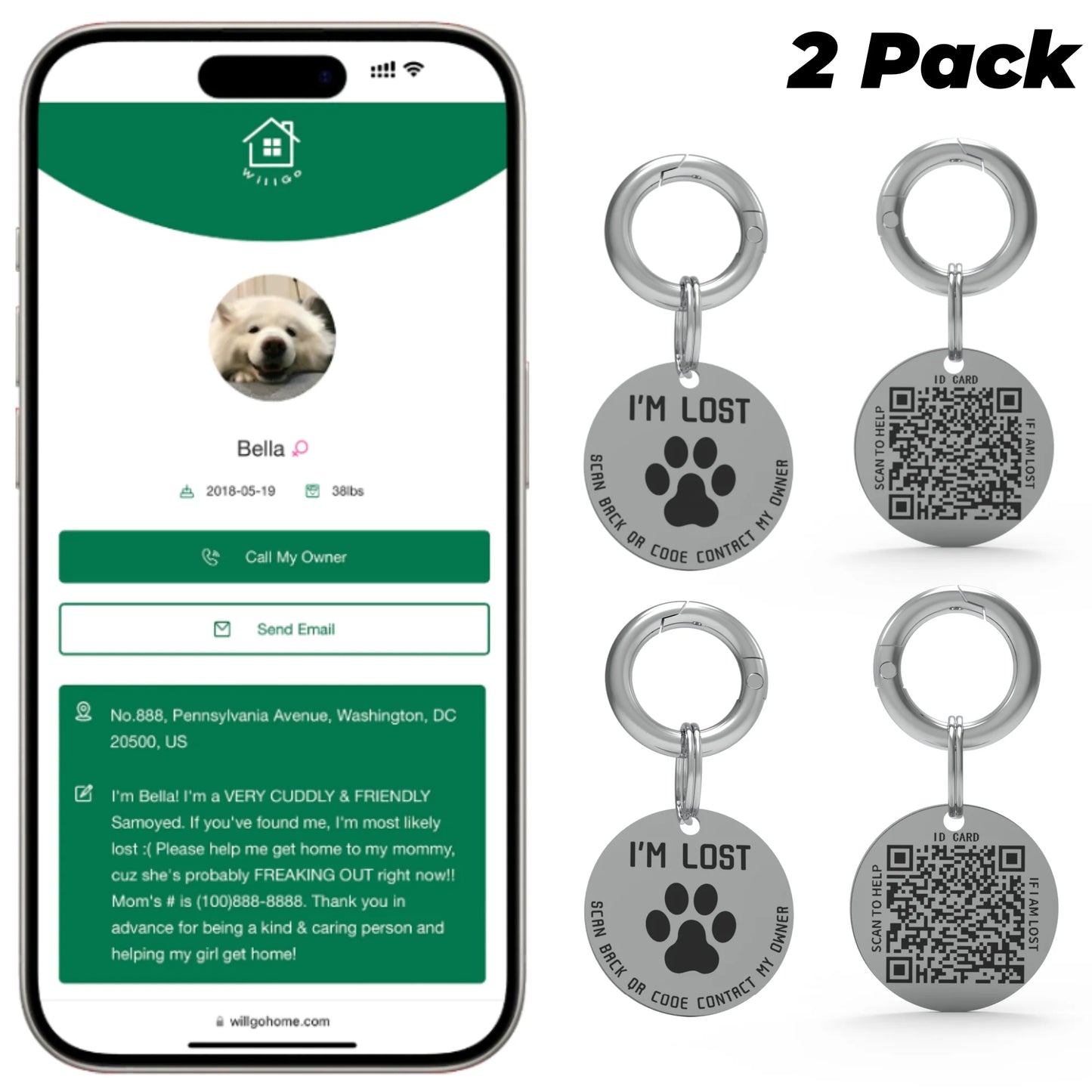 2 Pack QR Code Smart Dog Tag with Customized Pet Profile & Location Alert – Stainless Steel Personalized Cat Name Tags
