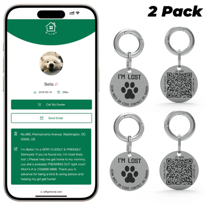 2 Pack QR Code Smart Dog Tag with Customized Pet Profile & Location Alert – Stainless Steel Personalized Cat Name Tags