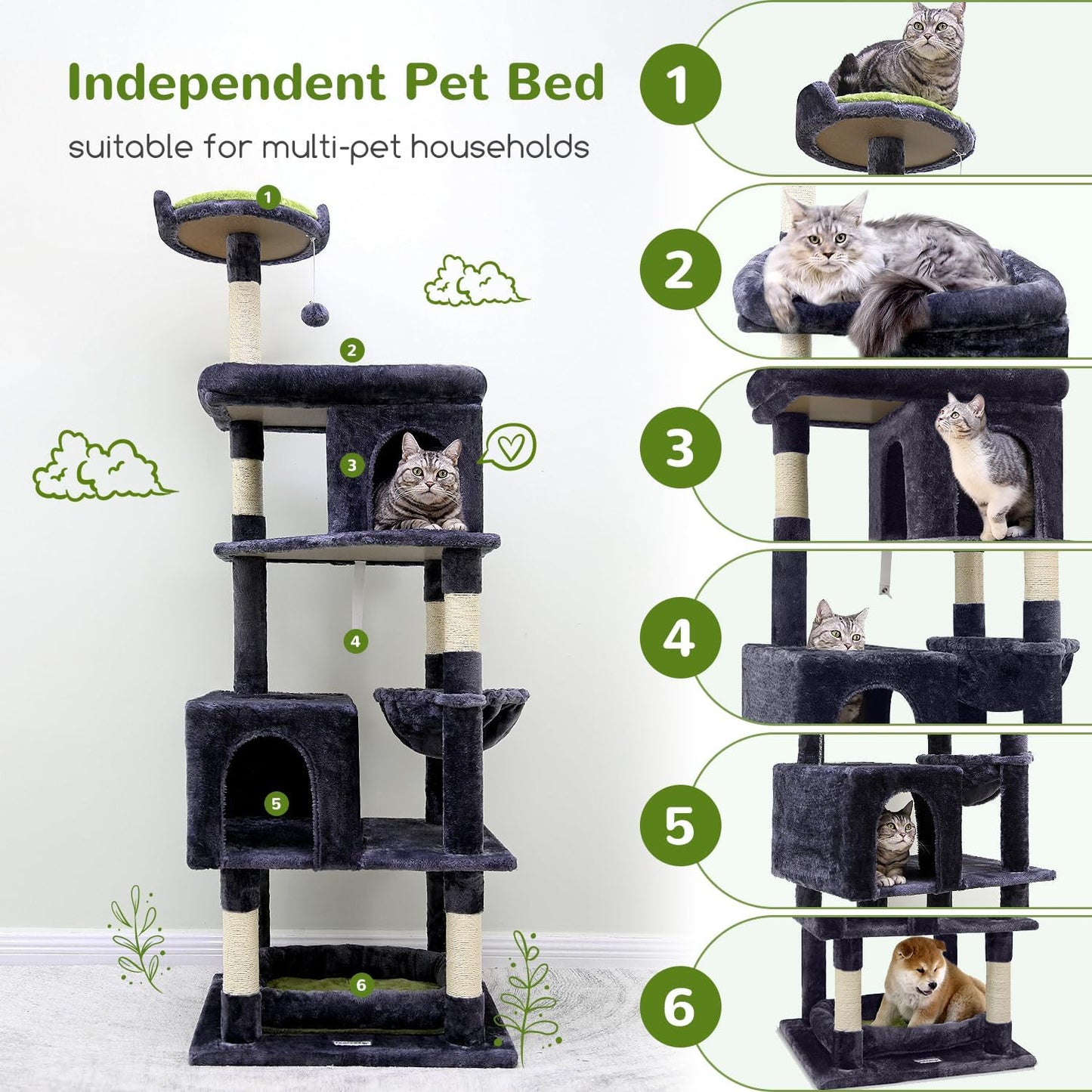 Cat Trees for Large Cats, Sturdy Cat Tree Multi-Level Large Cat Furniture Heavy Duty Cat Tower with 6 Scratching Posts, Hammock