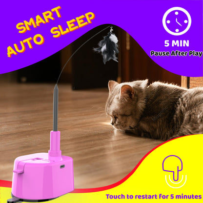 Interactive Cat Toy, Smart Touch-Activated Automatic Wand Toy for Indoor Cats, 5-Minute Self Play Cycle, Rechargeable with 6 Feather Attachments