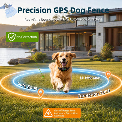 GPS Wireless Dog Fence System, Electric Fence for Dogs with Adjustable Warning Strength, Safe Zone Radius 33-1999 Yard, IPX7 Waterproof Invisible Fences