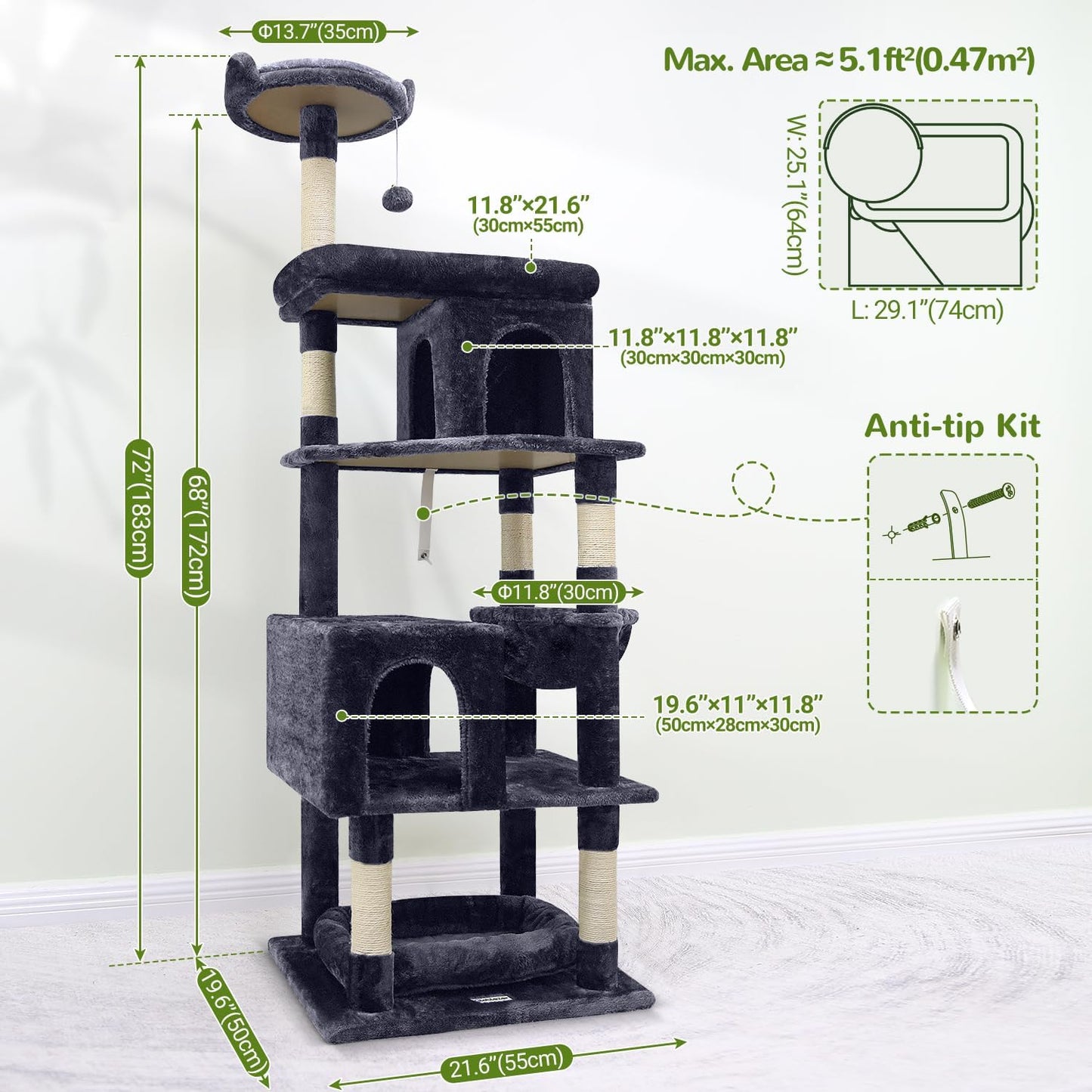Cat Trees for Large Cats, Sturdy Cat Tree Multi-Level Large Cat Furniture Heavy Duty Cat Tower with 6 Scratching Posts, Hammock