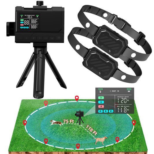 3-in-1 Wireless Dog Fence System, Radar Electric Fence with Real-Time Precise Distance Display, Adjustable Warning Strength & 10-120Ft Boundary Range for 2 Dogs