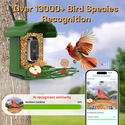 Smart Bird Feeder with Camera Solar-Powered, 1.5L Large Capacity, AI Bird Identification for 13,000+ Species, Auto Capture & Real-Time Notifications