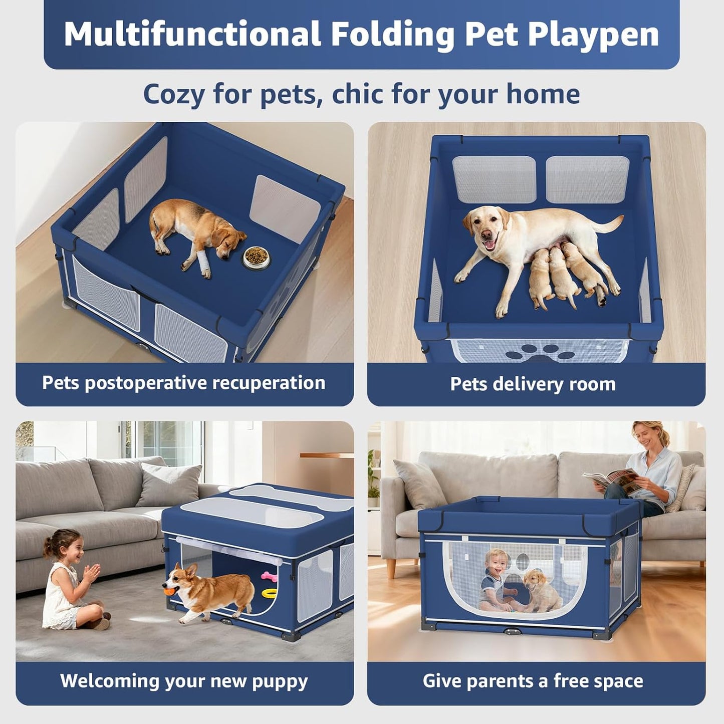 Foldable Dog Playpen Sturdy Reinforced Steel Pet Playpen for Indoor & Outdoor, Sturdy Safety Dog Pen with Thickened Fabric 25"x25"