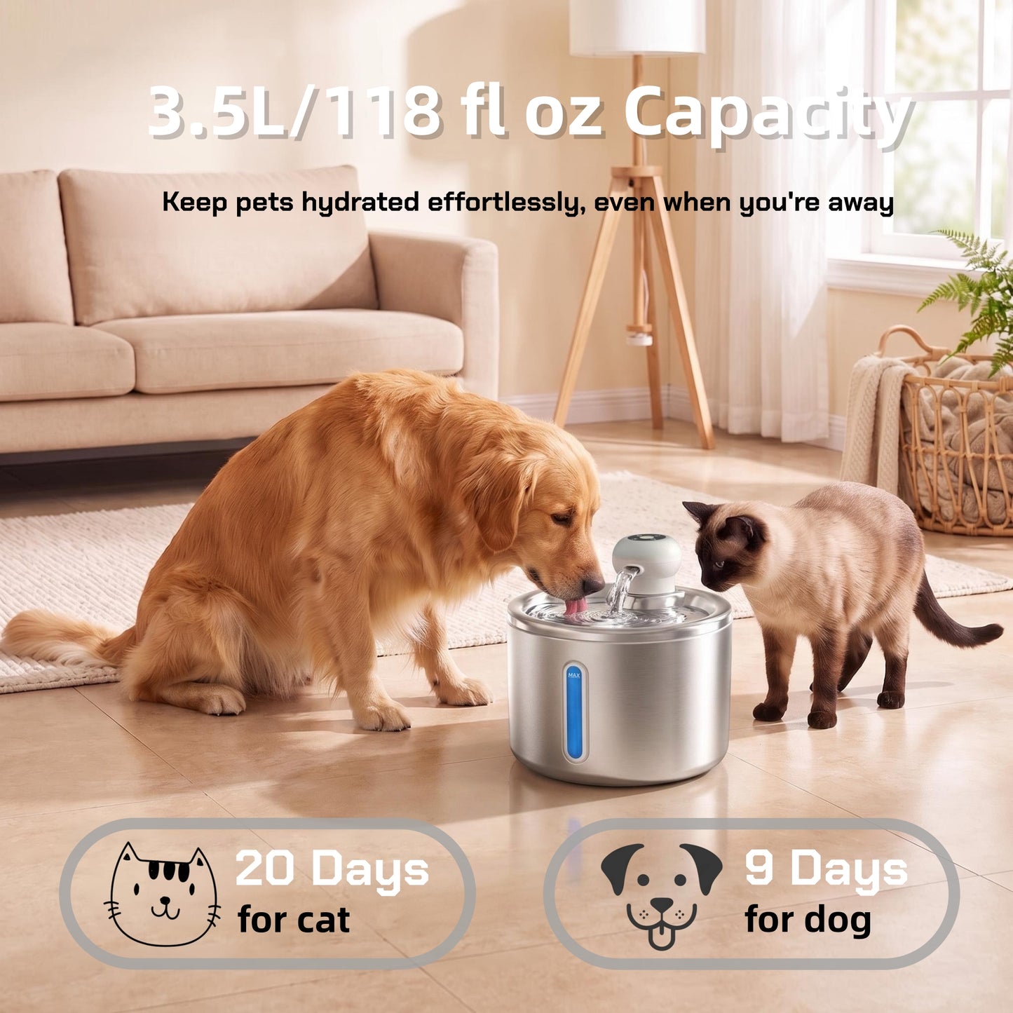 Wireless Cat Water Fountain, Stainless Steel 3.5L Automatic Dog Water Dispenser, 5000mAh Battery, Motion Sensor, Cordless Pet Fountain