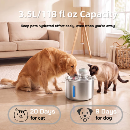Wireless Cat Water Fountain, Stainless Steel 3.5L Automatic Dog Water Dispenser, 5000mAh Battery, Motion Sensor, Cordless Pet Fountain