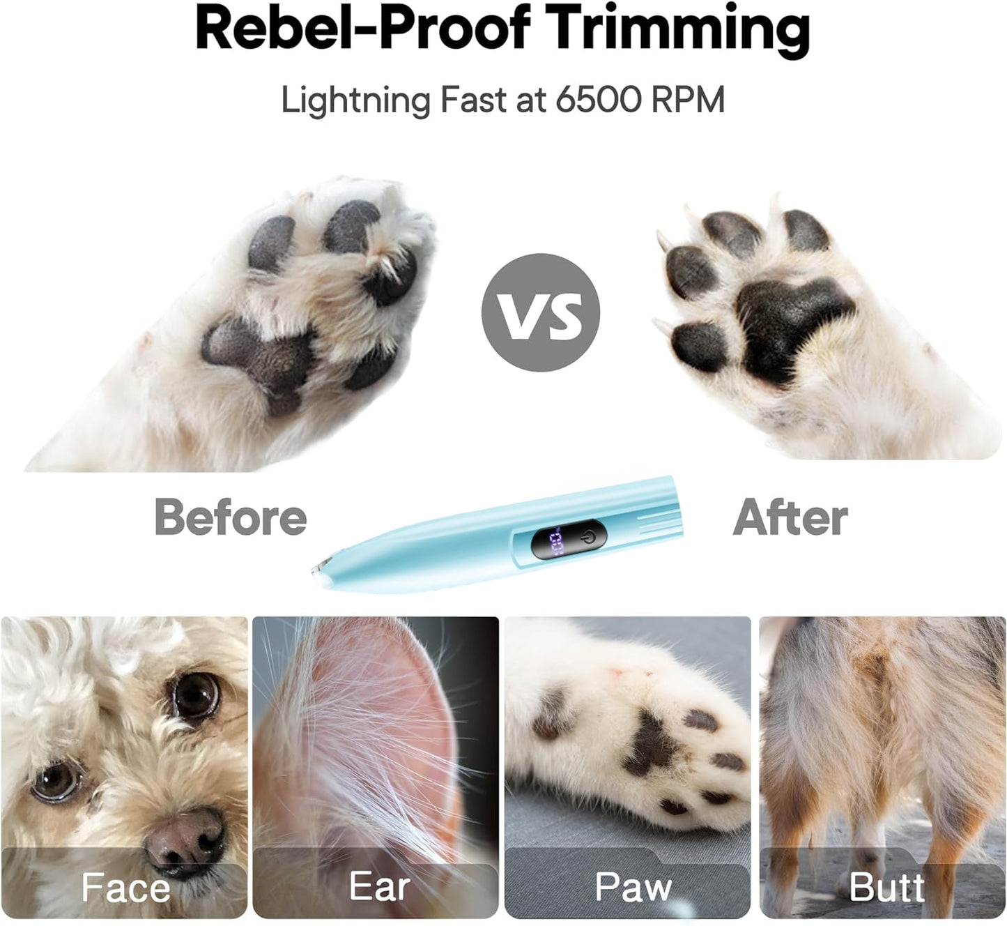 SAMFAT Pet Paw Clippers with LED Lights Rechargeable Pet Grooming Kit Paw Trimmer for Dog and Cat Face Paws Eyes Ears