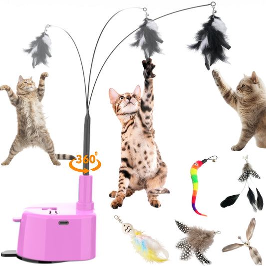 Interactive Cat Toy, Smart Touch-Activated Automatic Wand Toy for Indoor Cats, 5-Minute Self Play Cycle, Rechargeable with 6 Feather Attachments