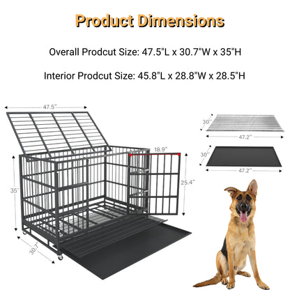 48 Inch Heavy Duty Dog Crate with Wheels, Escape Proof Double Door Dog Kennel, High Anxiety Extra Large Dog Cage Indoor Use, with Removable Tray