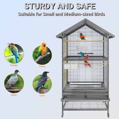Bird Flight Cage, Wrought Iron Standing Large with Rolling Stand, Slide-Out Tray and Plastic Feeders for Cockatiels Pet Parrot Parakeet Lovebird Canary Finch