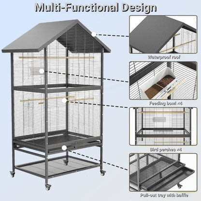 Bird Flight Cage, Wrought Iron Standing Large with Rolling Stand, Slide-Out Tray and Plastic Feeders for Cockatiels Pet Parrot Parakeet Lovebird Canary Finch