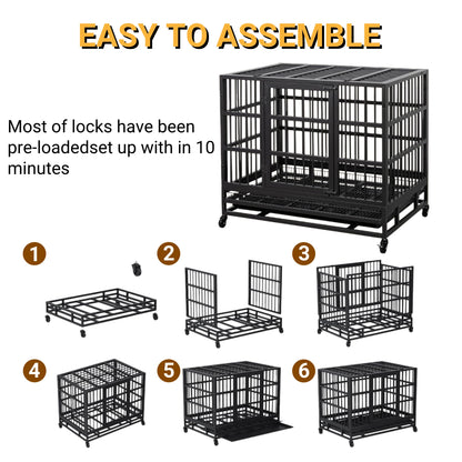 48 Inch Heavy Duty Dog Crate with Wheels, Escape Proof Double Door Dog Kennel, High Anxiety Extra Large Dog Cage Indoor Use, with Removable Tray