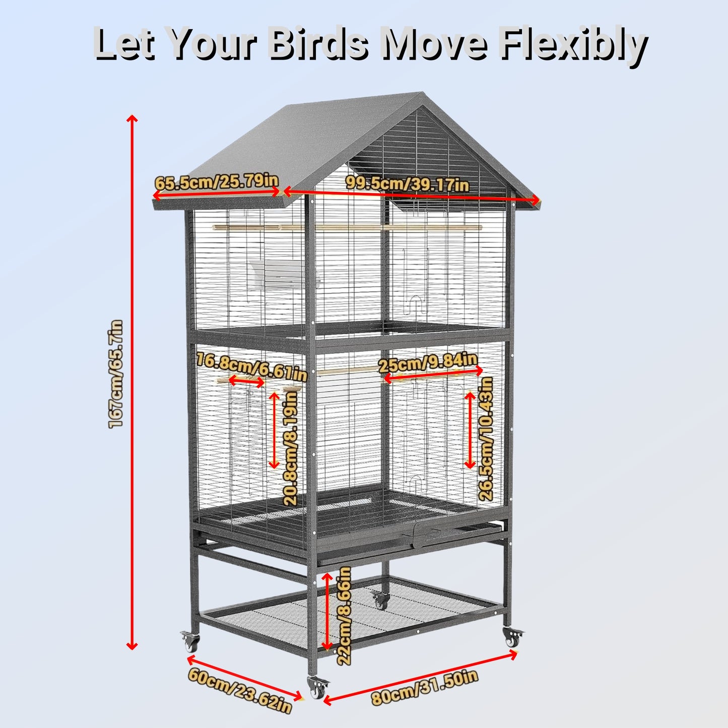 Bird Flight Cage, Wrought Iron Standing Large with Rolling Stand, Slide-Out Tray and Plastic Feeders for Cockatiels Pet Parrot Parakeet Lovebird Canary Finch