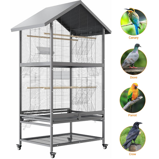 Bird Flight Cage, Wrought Iron Standing Large with Rolling Stand, Slide-Out Tray and Plastic Feeders for Cockatiels Pet Parrot Parakeet Lovebird Canary Finch