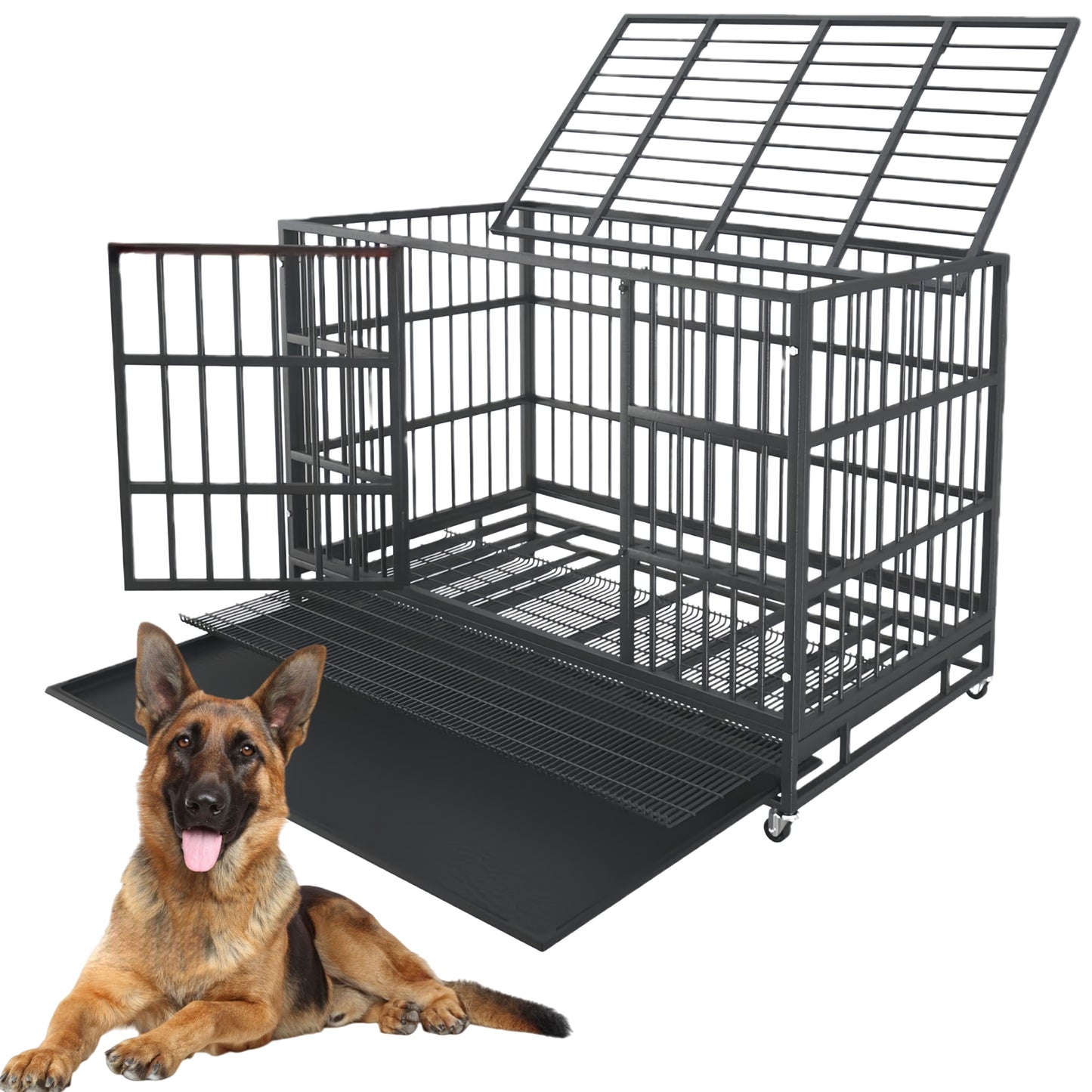 48 Inch Heavy Duty Dog Crate with Wheels, Escape Proof Double Door Dog Kennel, High Anxiety Extra Large Dog Cage Indoor Use, with Removable Tray